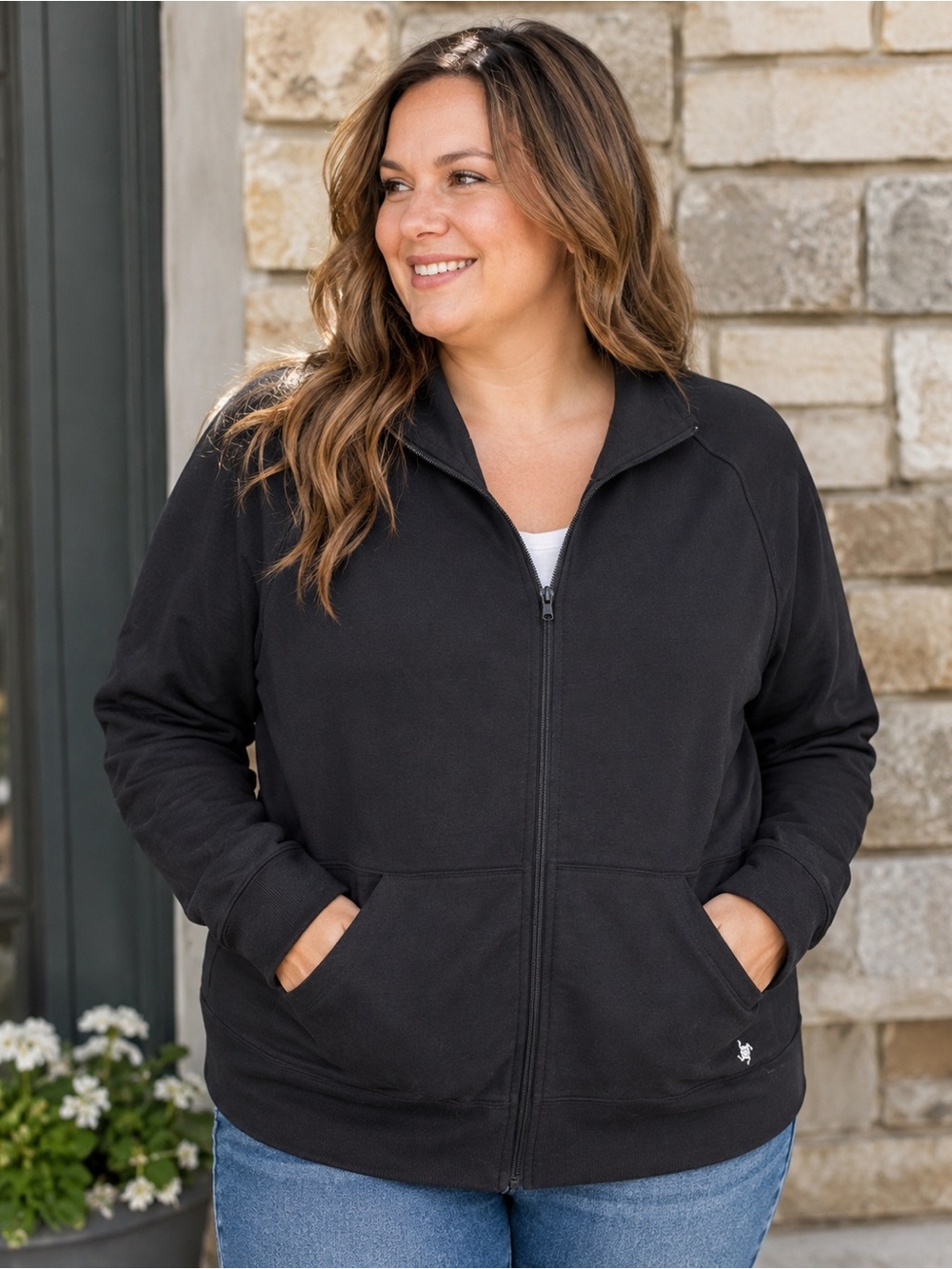 Sansara Woman Black Full Zip Jacket 3X Cotton Blend Mock Neck